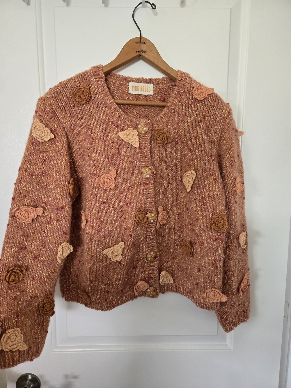 Pink House Original JAPANESE Rose-Appliqué Peachy Pink Knit Cardigan